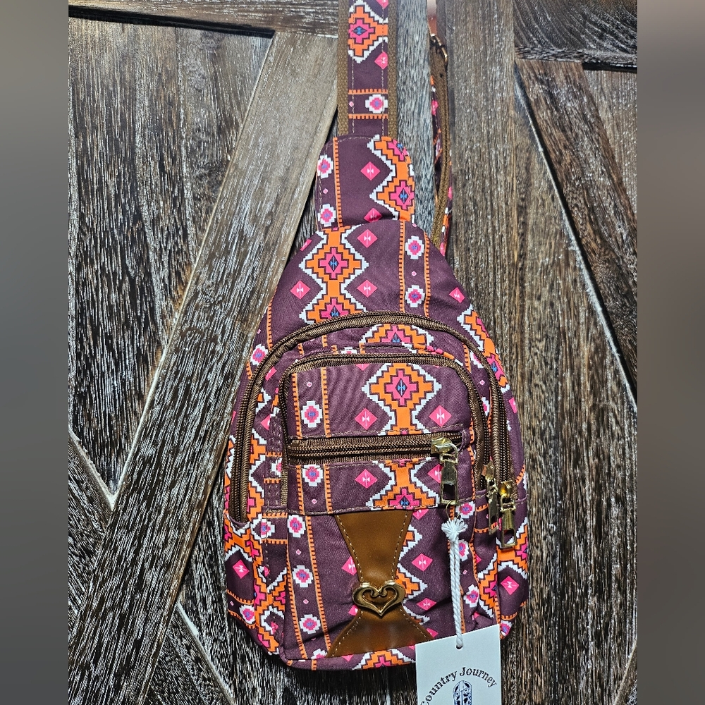 NWT Brown and Pink Aztec Women's Sling Bag - Picture 3 of 5